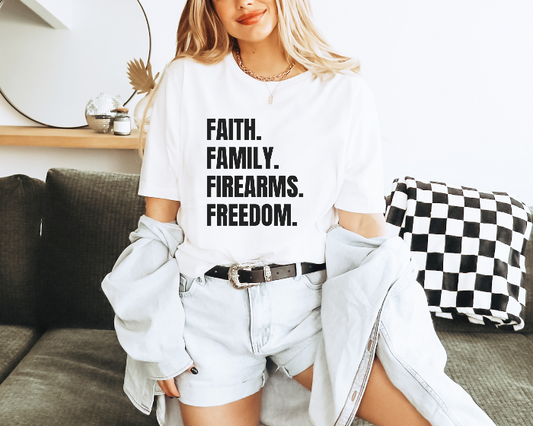 Faith. Family. Firearms. Freedom. Unisex t-shirt - SLATE + STONE DESIGNS