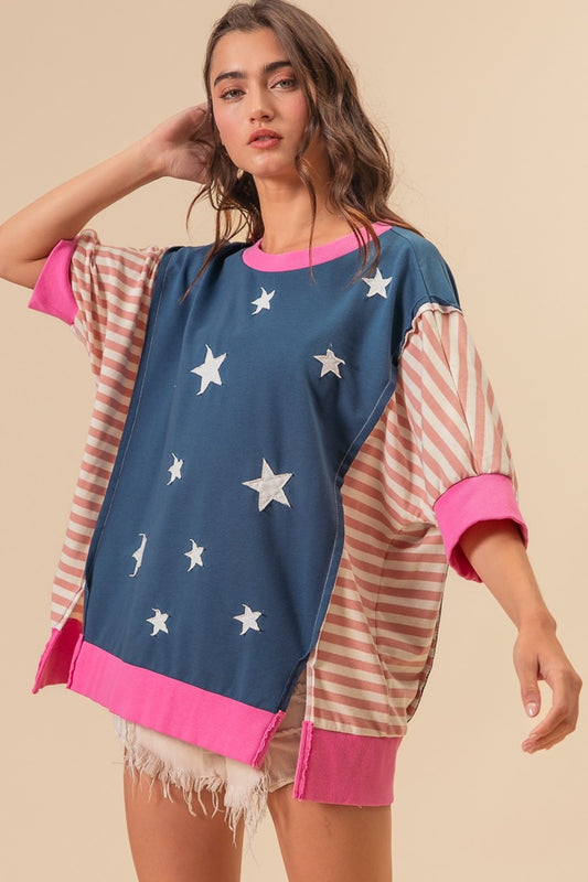 BIBI USA Theme Color Block Star Patch T-Shirt