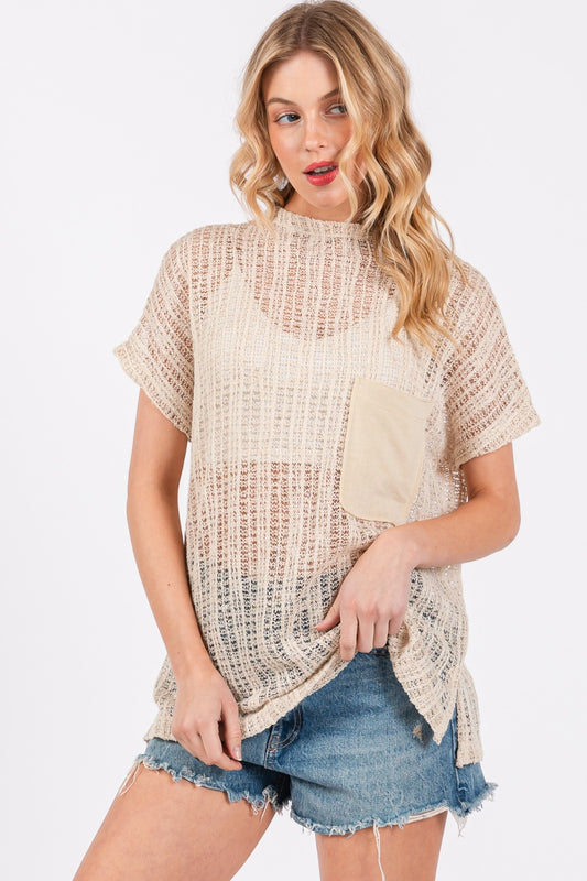 Ces Femme See Through Crochet Mock Neck Top