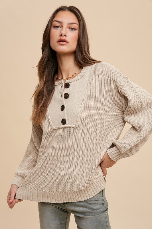 Annie Wear Half Button Ribbed Hem Sweater